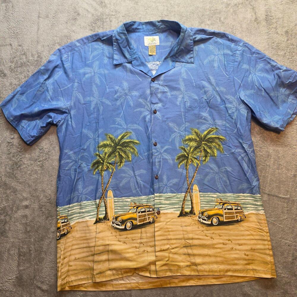 Ho Aloha Button Up Shirt Mens 2XL Blue Hawaiian Surf Woody Car Beach Graphic